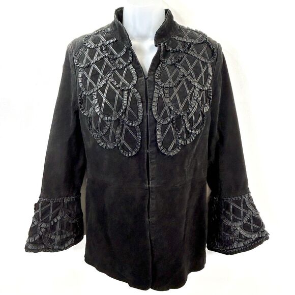 Vintage Pamela McCoy Jacket S Black 3D Leather Y2K Whimsygoth Witchy Bell Sleeve - Picture 1 of 12